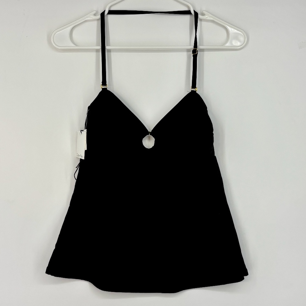 Calvin Klein Womens Small Tankini Swim Top Black Removable Pads Keyhole Neck
